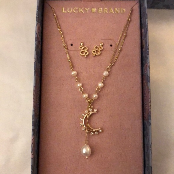 Lucky Brand Gold Tone Snake Stud Earrings & Moon Lariat Necklace NWT & Box - Picture 2 of 15